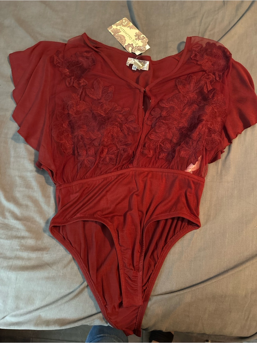 B O G collective Floral Lace Red Sheer Chemise Bodysuit